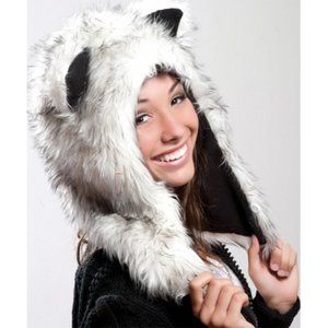 Faux Fur Plush 3D Half Animal Hood Hat Ear Flaps White Gray Husky